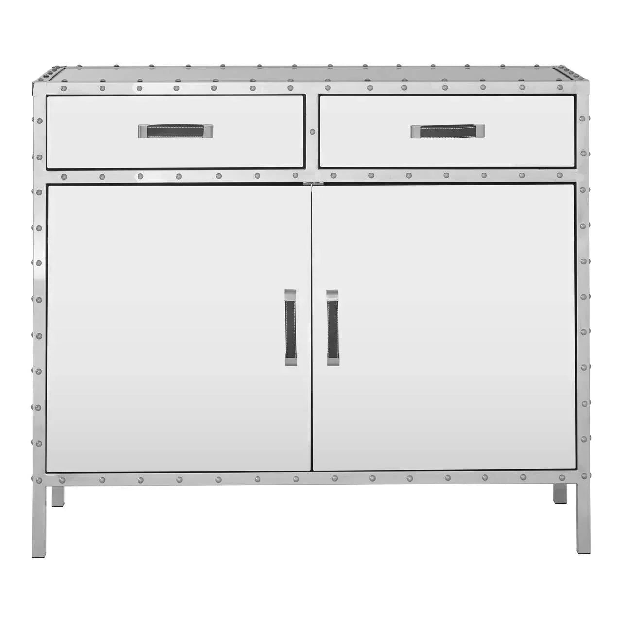 Modern mirrored sideboard with metal rivet trim, two upper drawers and double cabinet doors