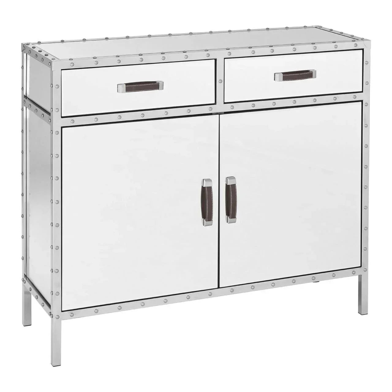 Metallic sideboard cabinet with two drawers and rivet detailing, front view
