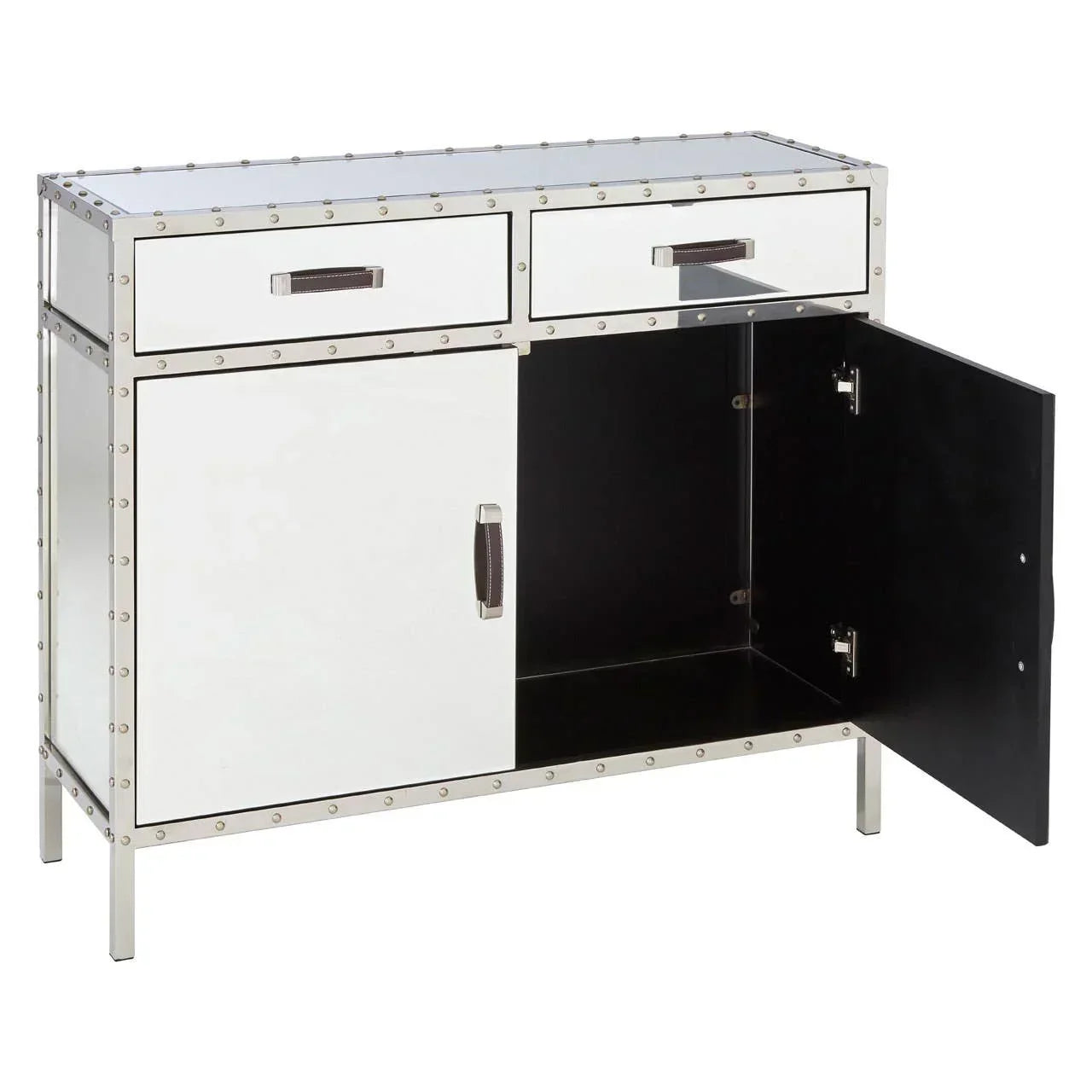 Mirrored sideboard cabinet with metal rivet trim, two drawers and open door revealing storage