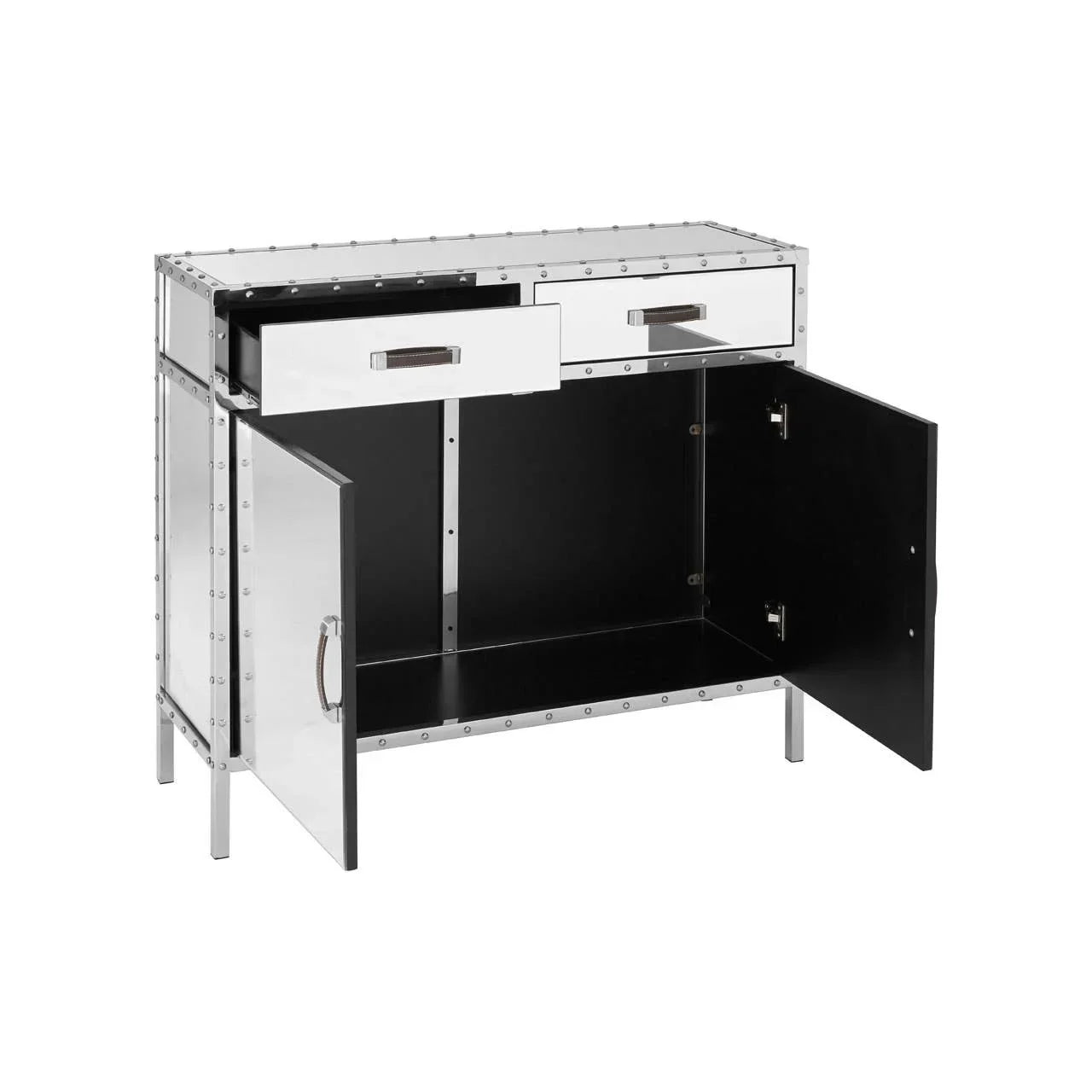 Silver sideboard with rivet details, two open drawers, and double cabinet doors open