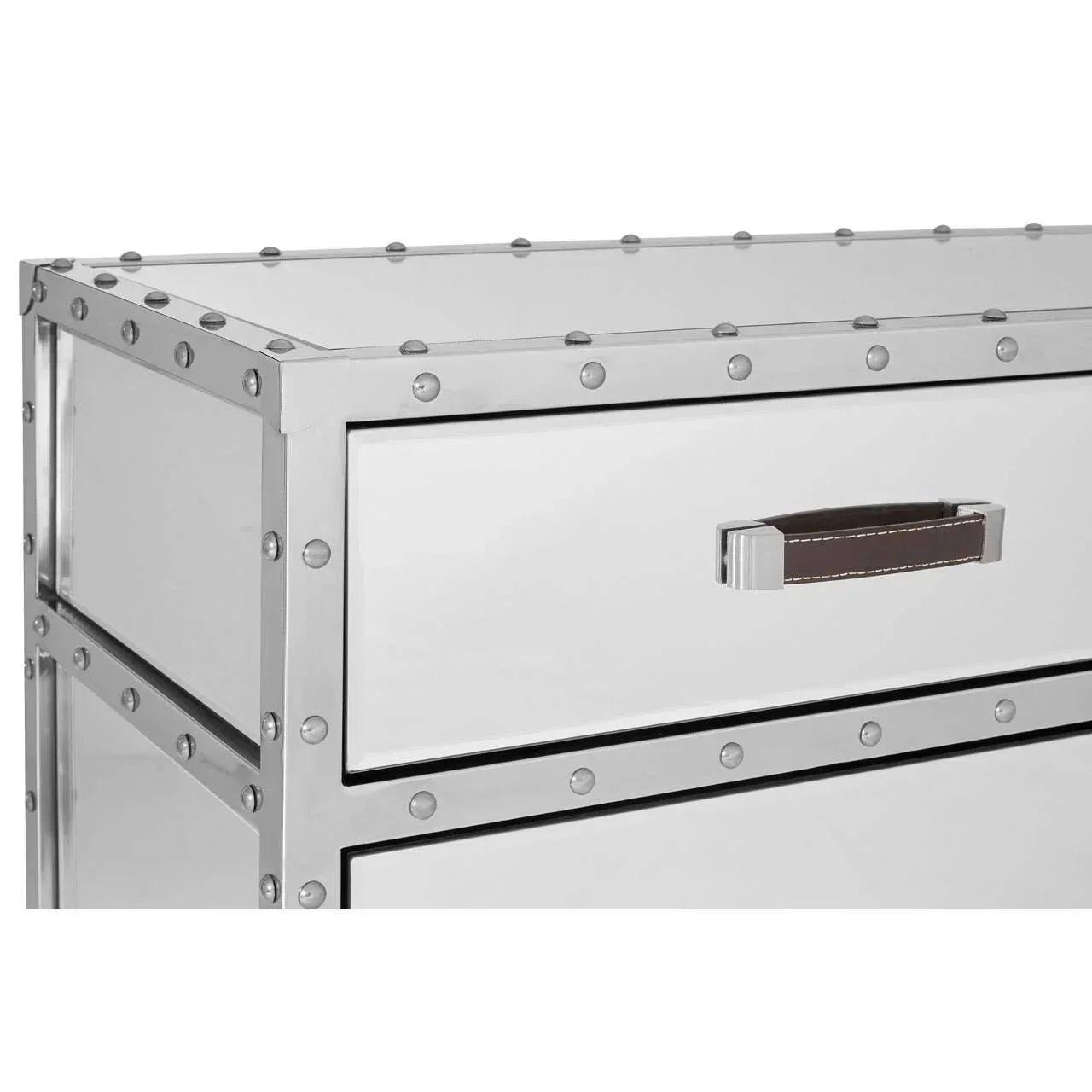 metallic chest of drawers corner with studded detail and leather drawer handle