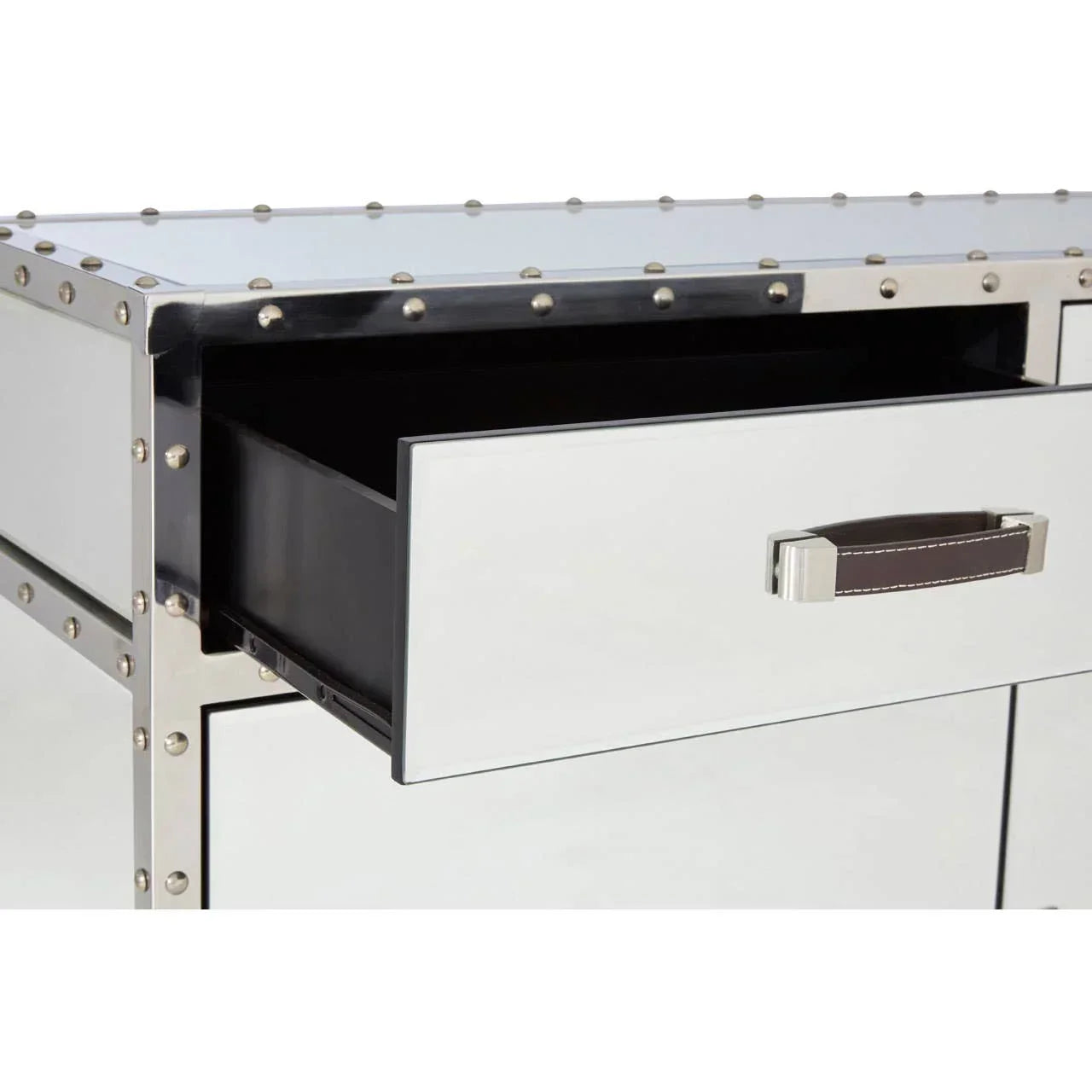 Mirrored drawer unit with studded metal trim and leather handle, partially open drawer view