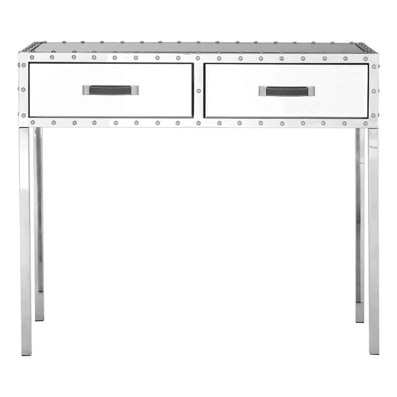 Modern console table with stainless steel frame and two drawers with metal handles