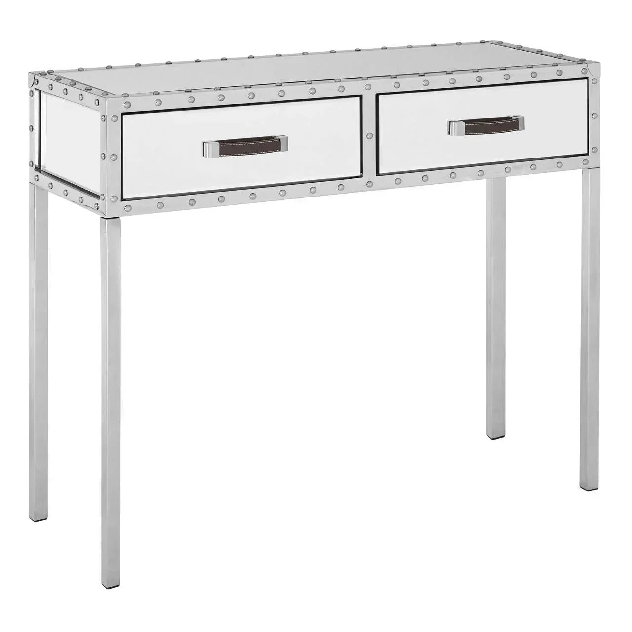 Silver console table with mirrored finish and two drawers, featuring metal stud detailing