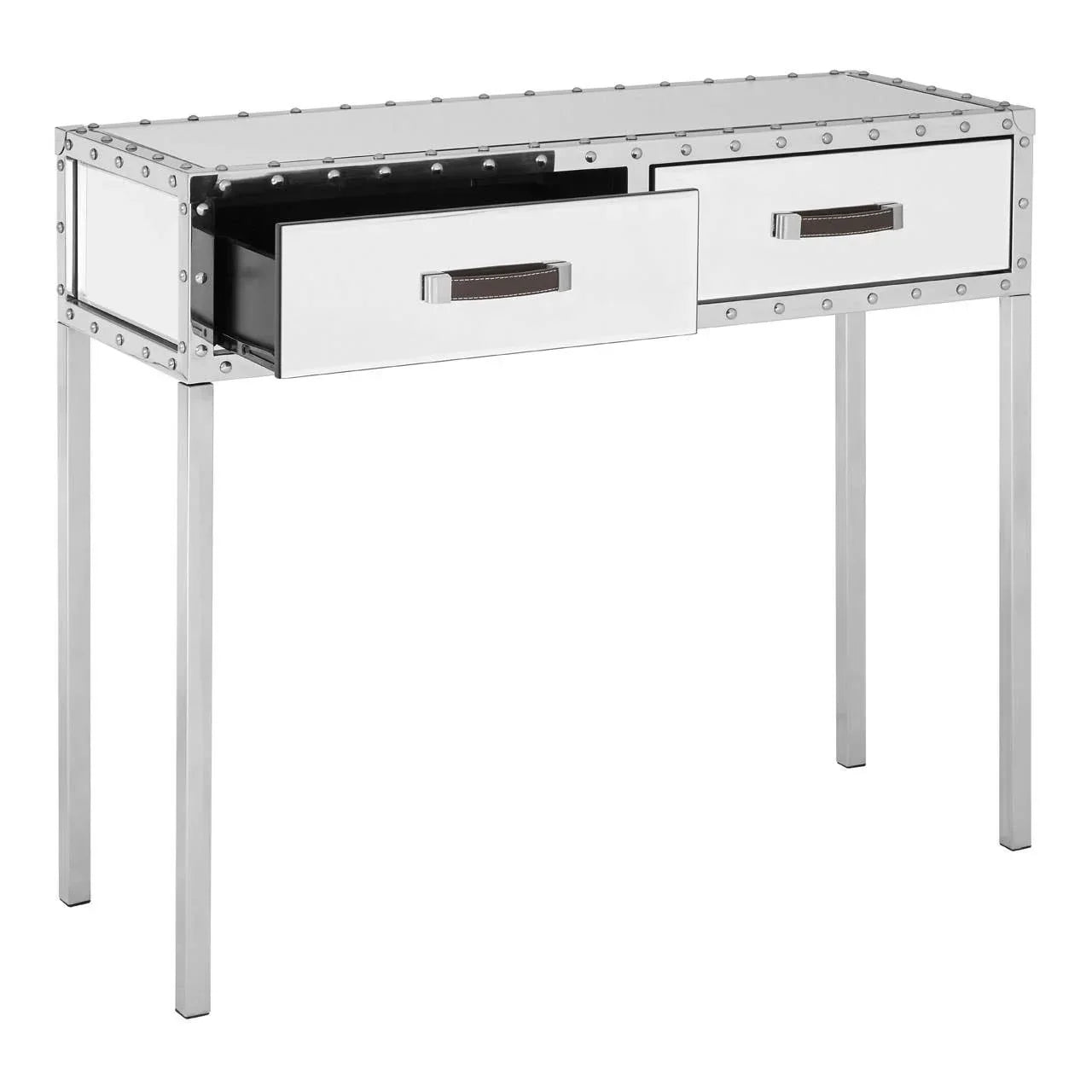 Chrome console table with rivet detail and two drawers, one drawer partially open