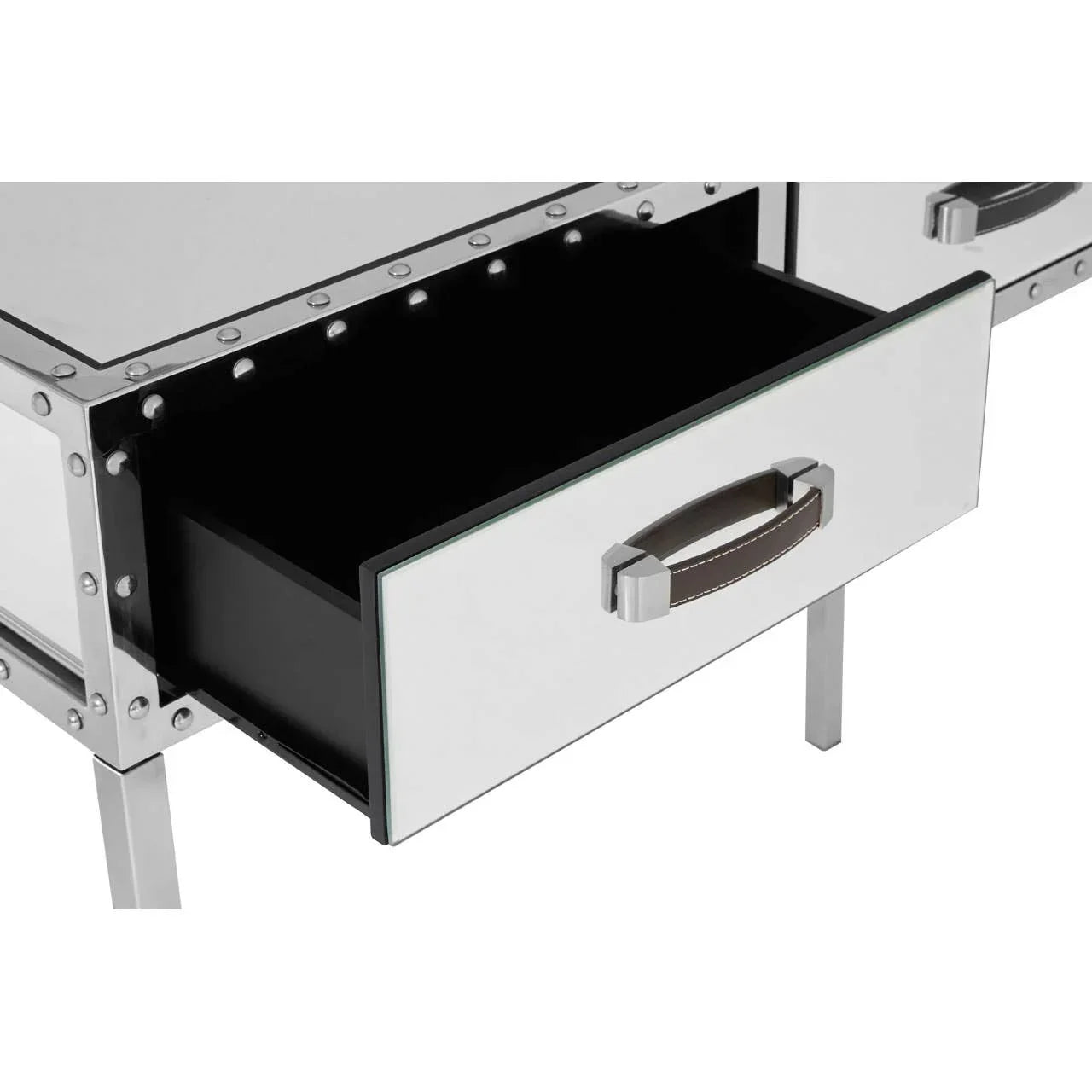 Mirrored bedside table with open drawer and studded metal frame