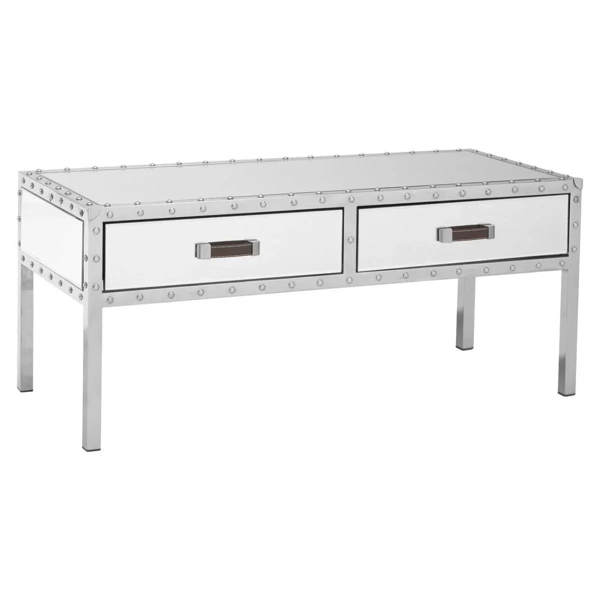 Mirrored coffee table with two drawers and metal stud detailing on white background