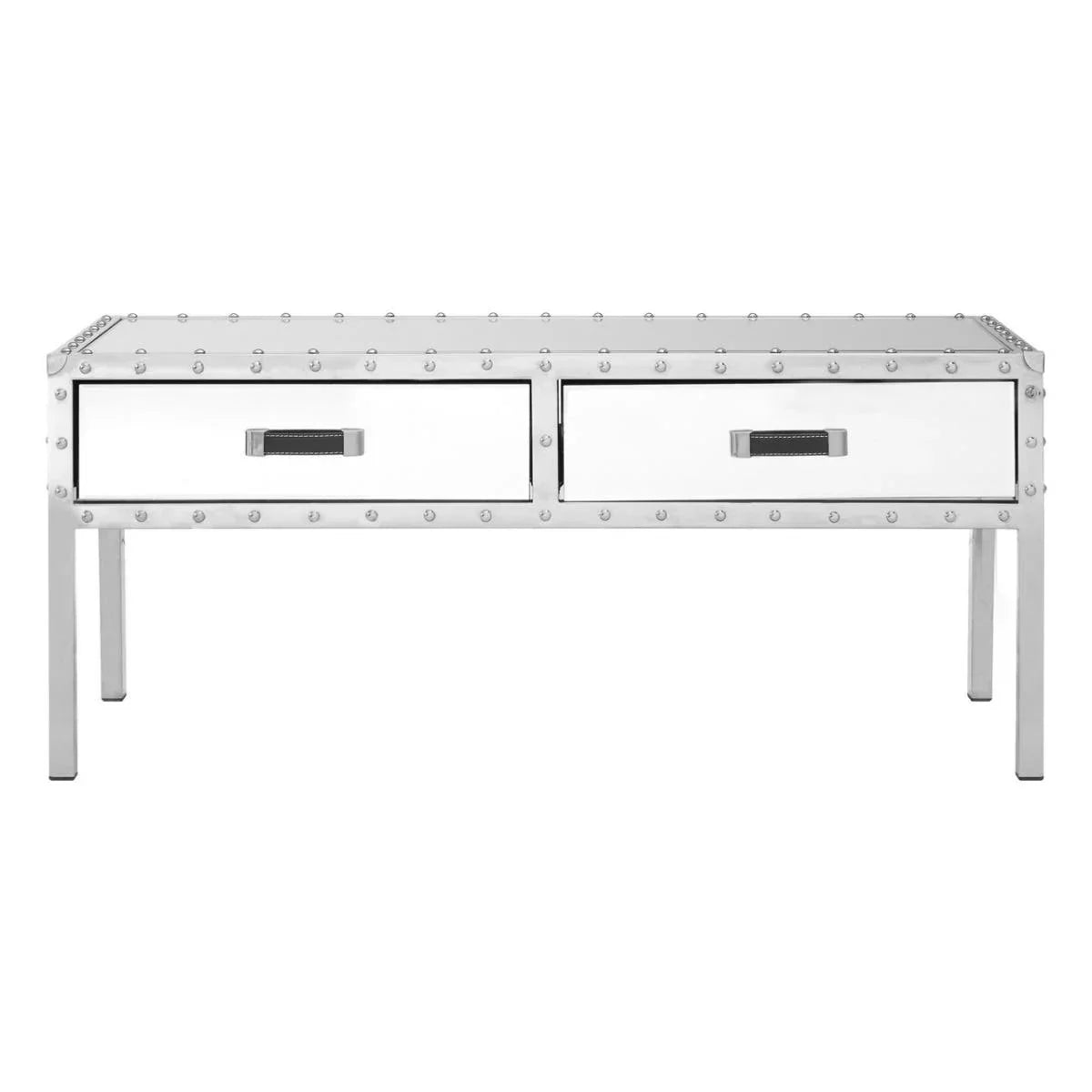 Modern silver metal bench with two storage drawers and rivet detailing front view