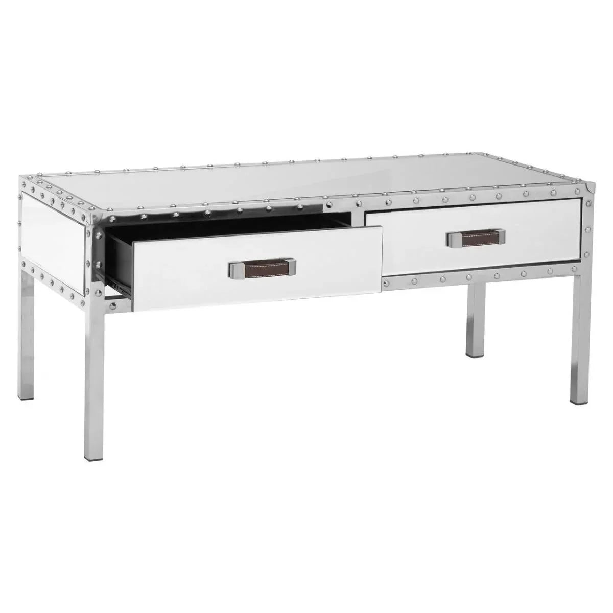 Mirrored coffee table with rivet detail and two drawers, one partially open, front angle