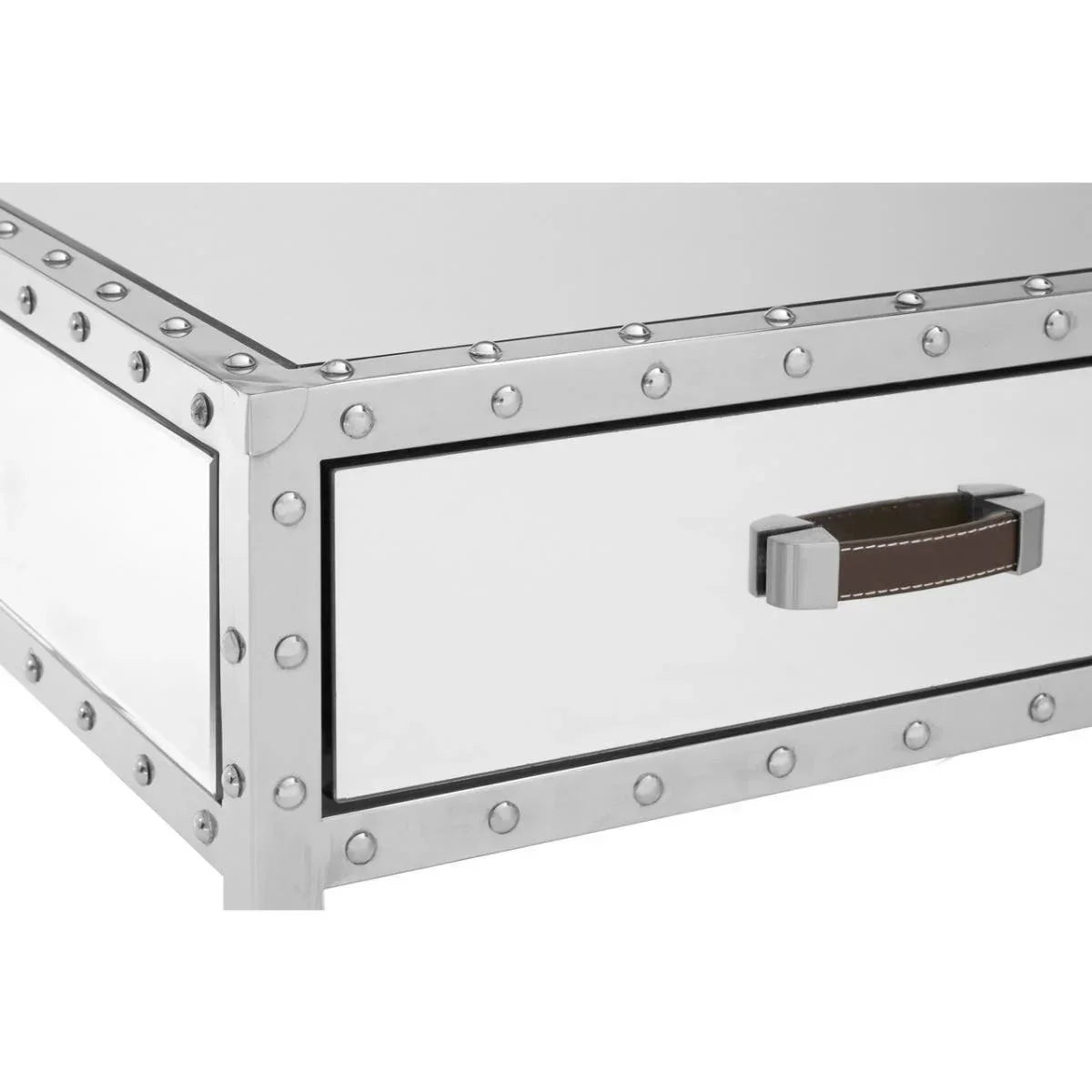 Mirrored coffee table corner with metal rivet trim and leather drawer handle