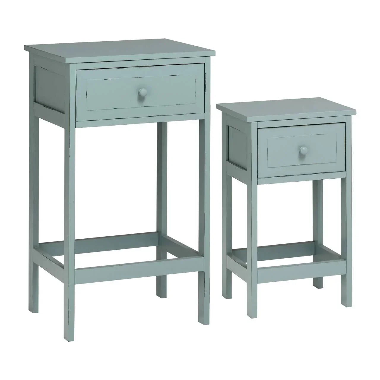 Pair of light blue wooden bedside tables with single drawer and square legs