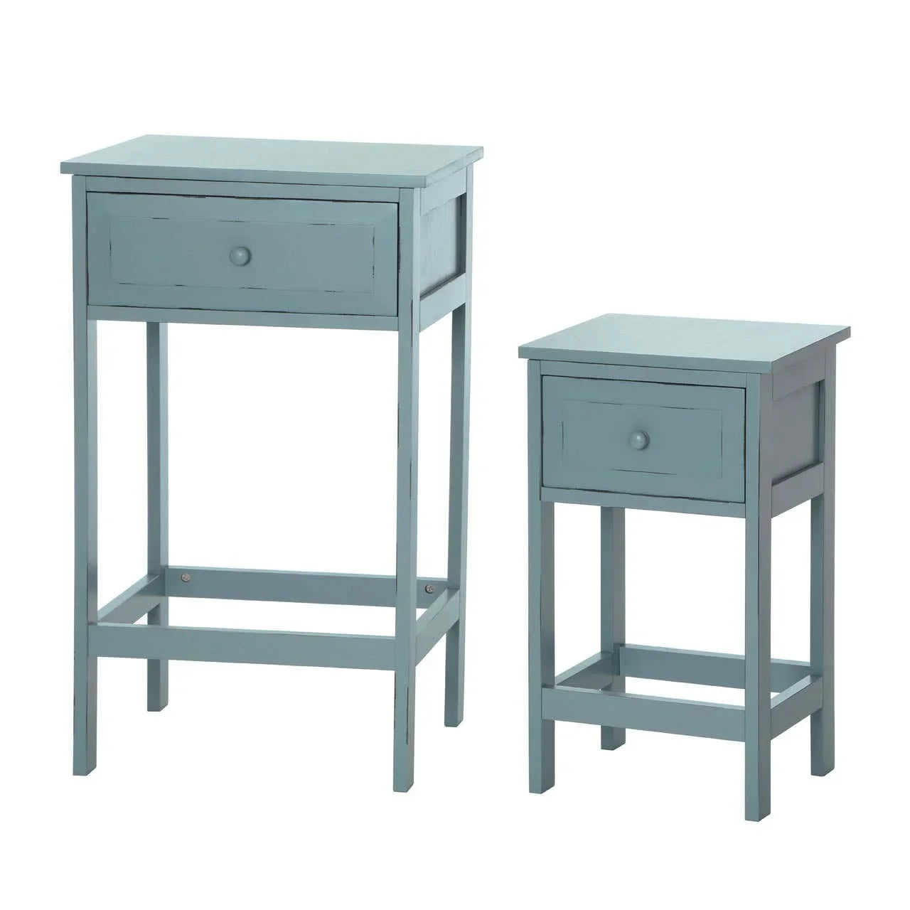 Set of two blue wooden bedside tables with single drawer and open lower shelf