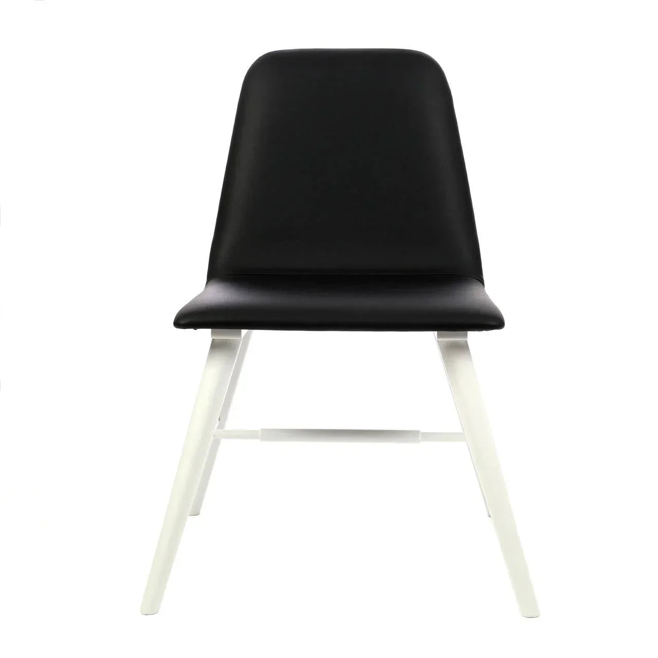 Black dining chair with padded seat and white angled metal legs, front view