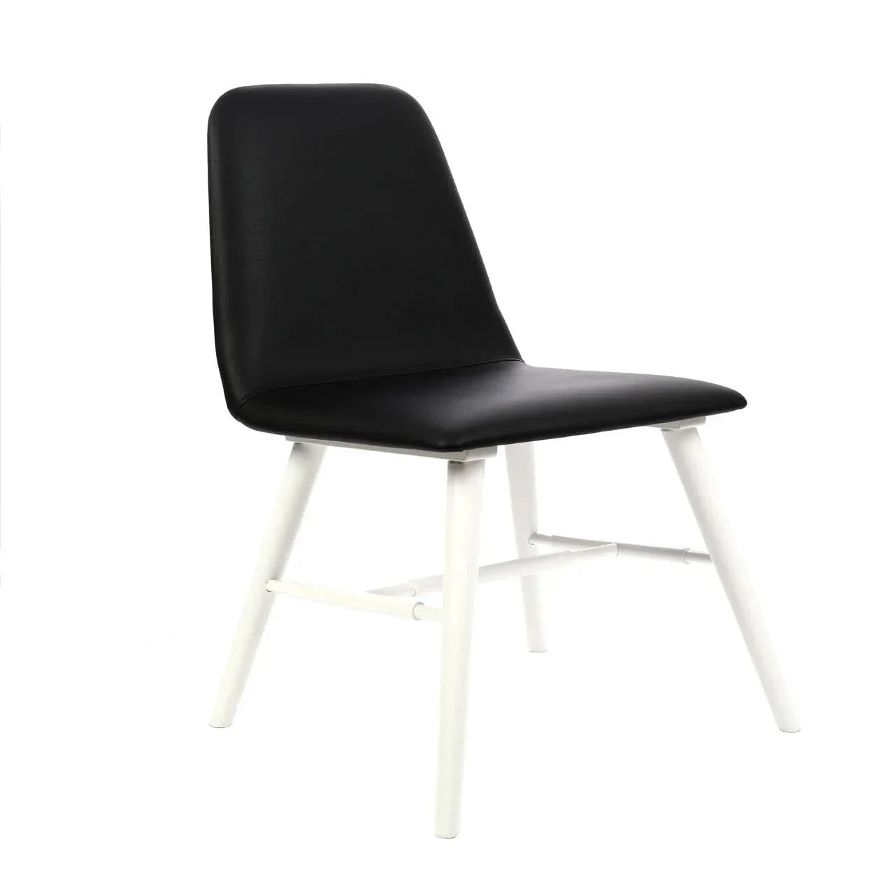 Black leather dining chair with white metal legs on white background