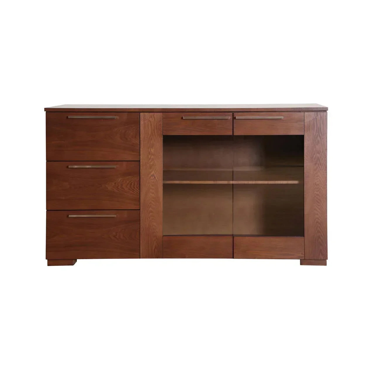 Walnut sideboard with three drawers, glass display cabinet and metal handles