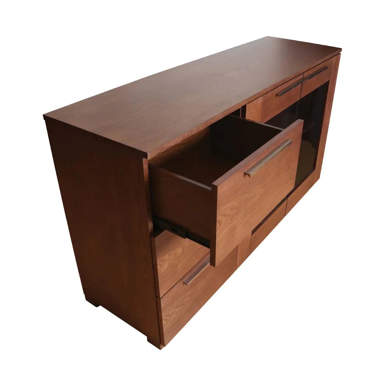 Wooden sideboard with drawers and glass door, shown from angled top view
