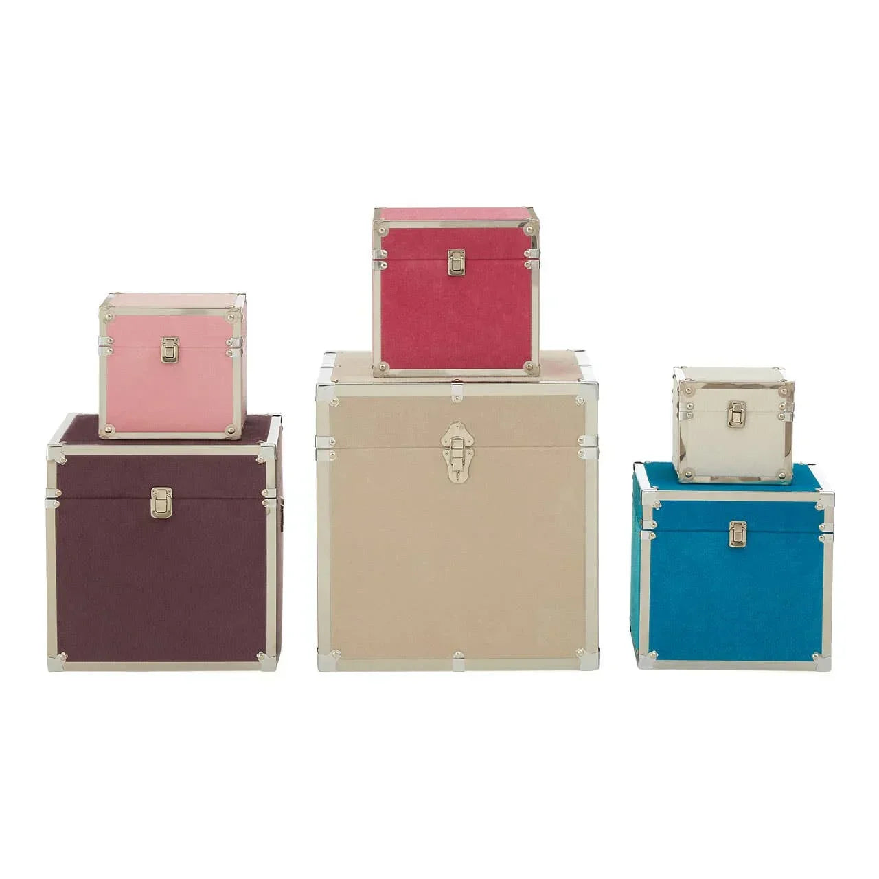 Set of colorful storage trunks in beige, blue, pink, burgundy, and red with metal clasps