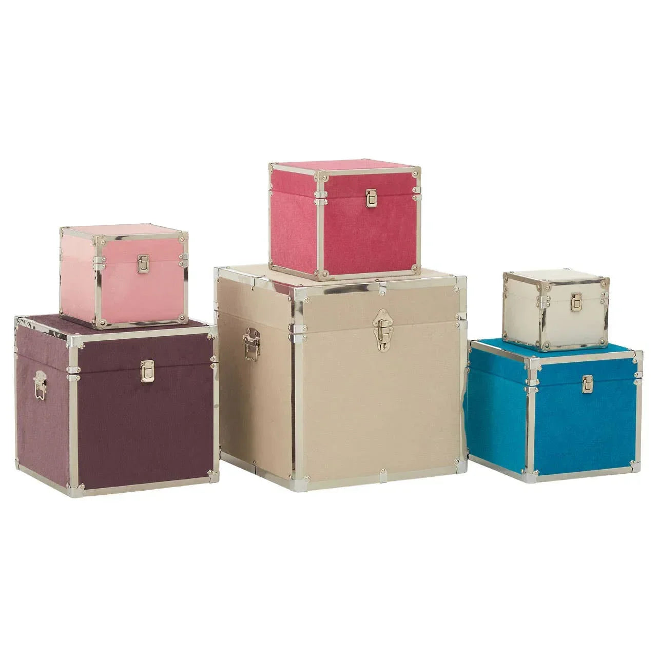 Set of five colorful storage trunks with metal edging and clasps in assorted sizes