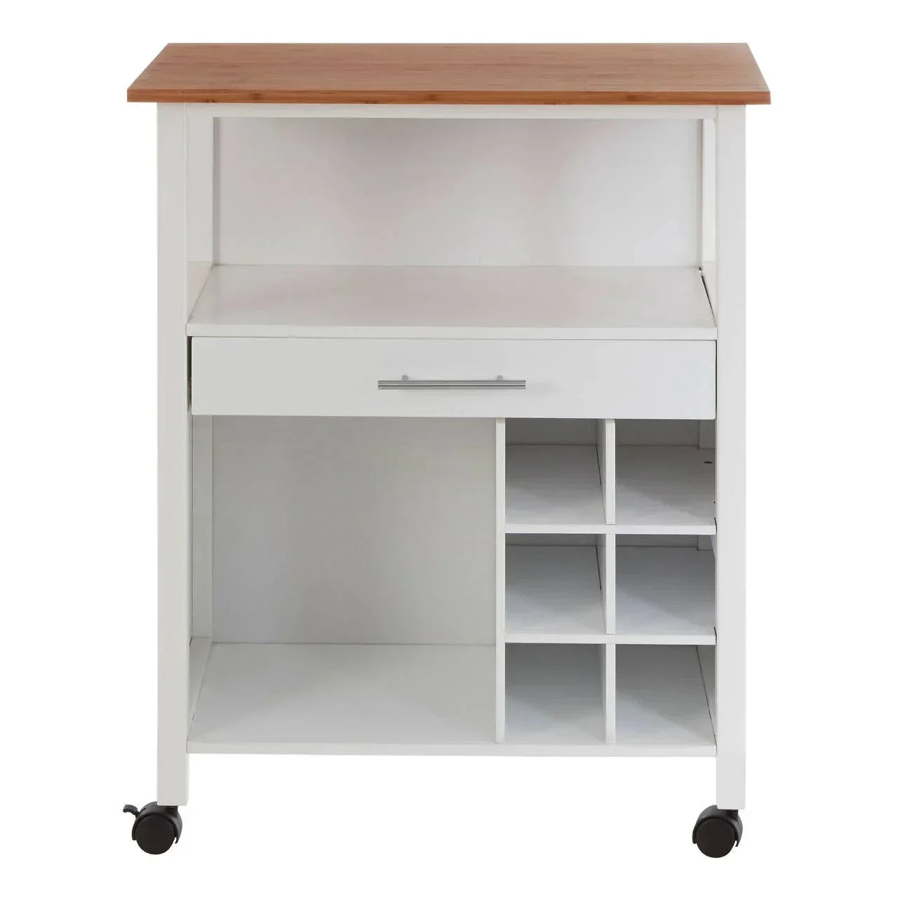 White kitchen trolley with wooden top, storage shelves, single drawer and caster wheels