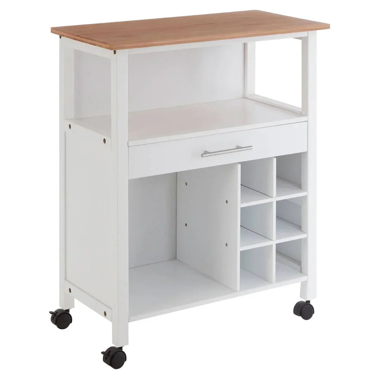White kitchen storage trolley with wooden top, drawer, wine rack and open shelving on wheels