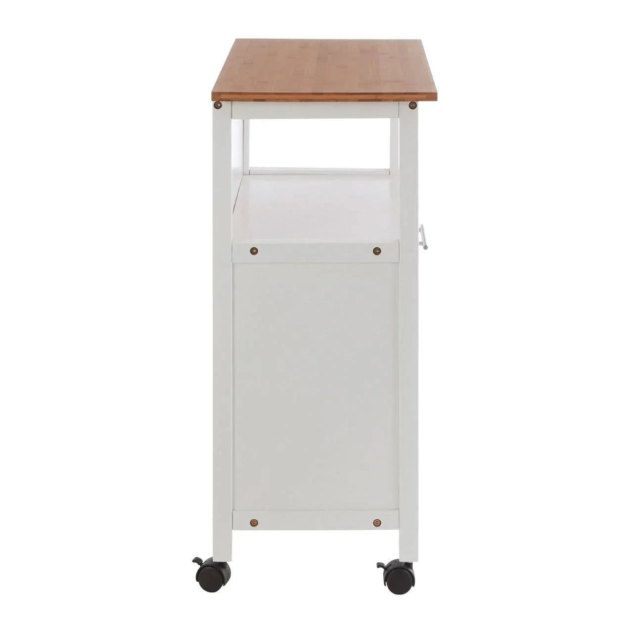 Side view of white kitchen trolley with wood top and storage shelf on wheels