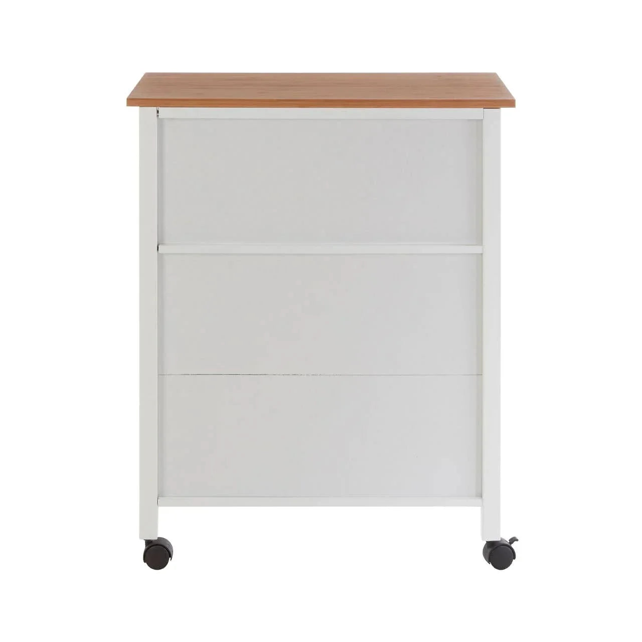 White storage cabinet with wood top and caster wheels, front view