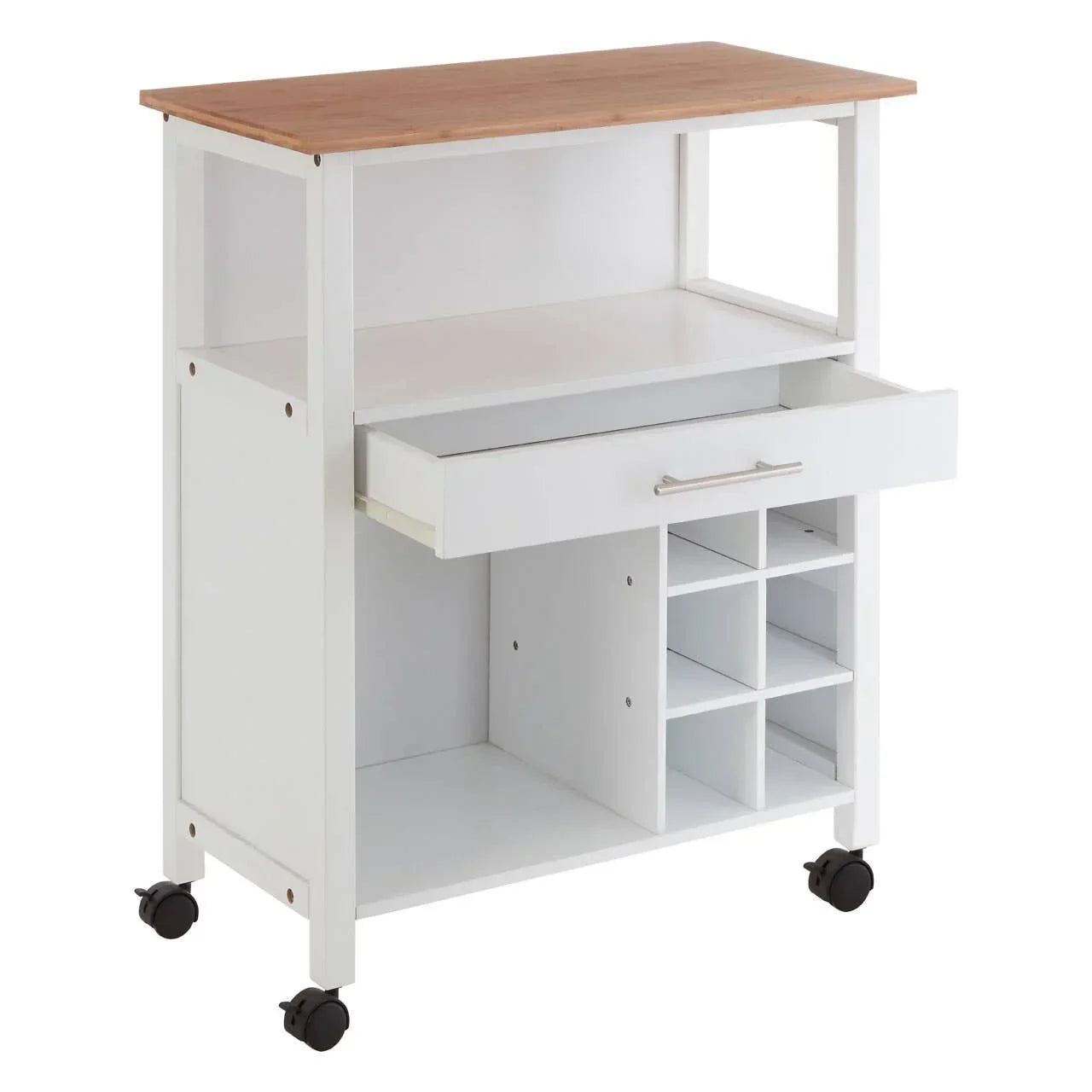 White kitchen trolley with wooden top, open shelf, drawer, and wine rack compartments on wheels