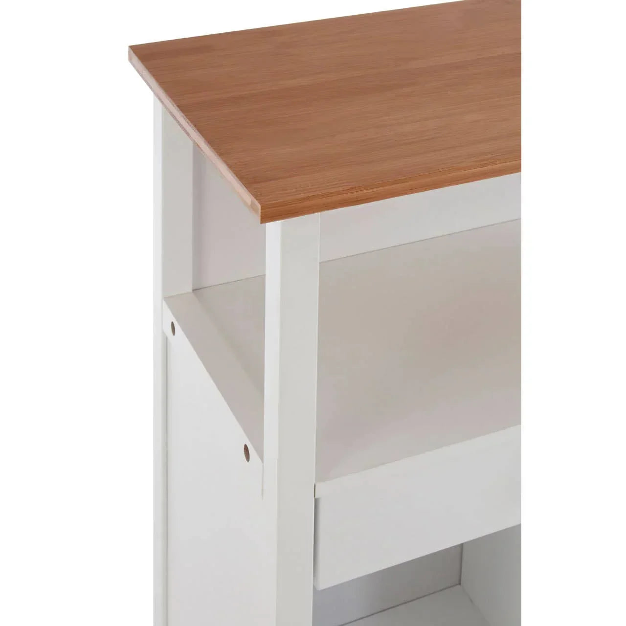 Wood top white side table with open shelf and clean modern lines