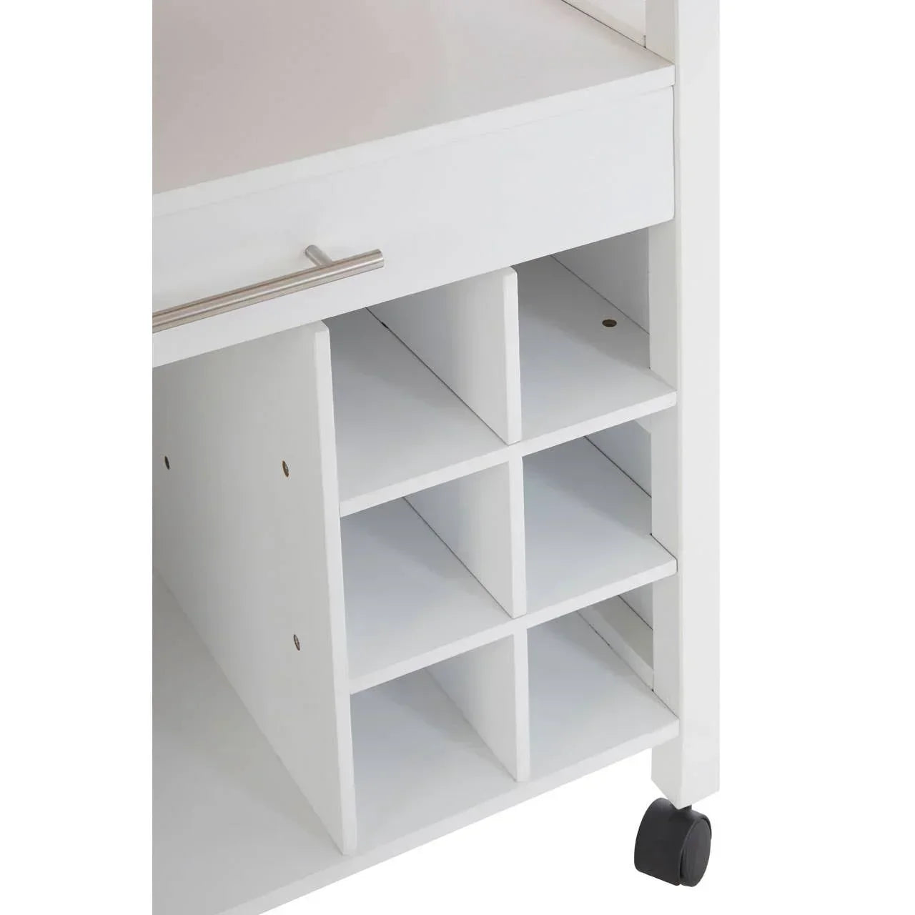 White kitchen trolley shelf unit with wine bottle storage, drawer handle and caster wheel