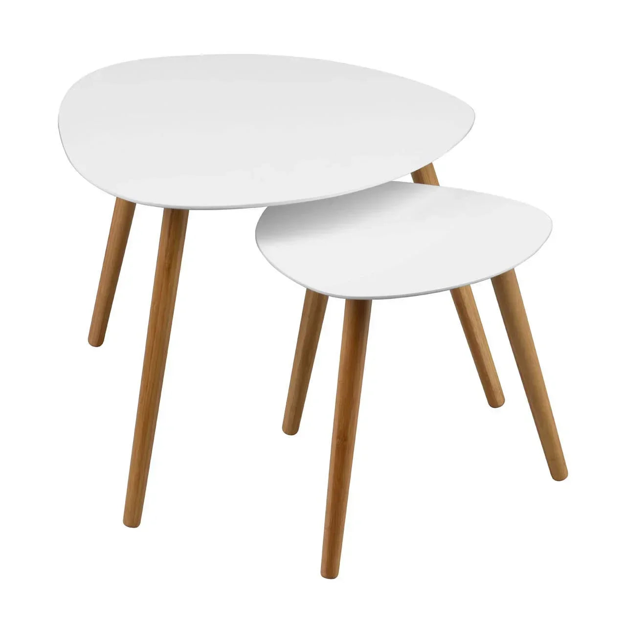 Set of two nesting coffee tables with white tops and wooden legs