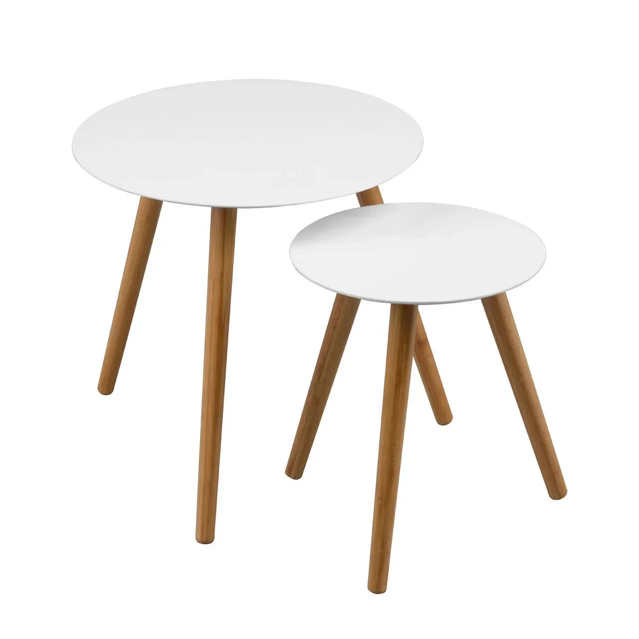 Set of two round white side tables with wooden legs, modern nesting table design
