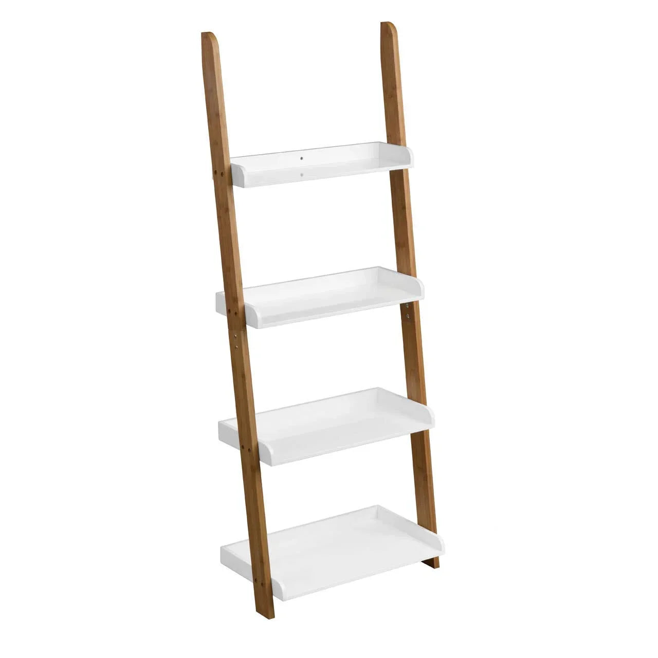 White ladder shelf with four tiers and wooden side supports, angled front view