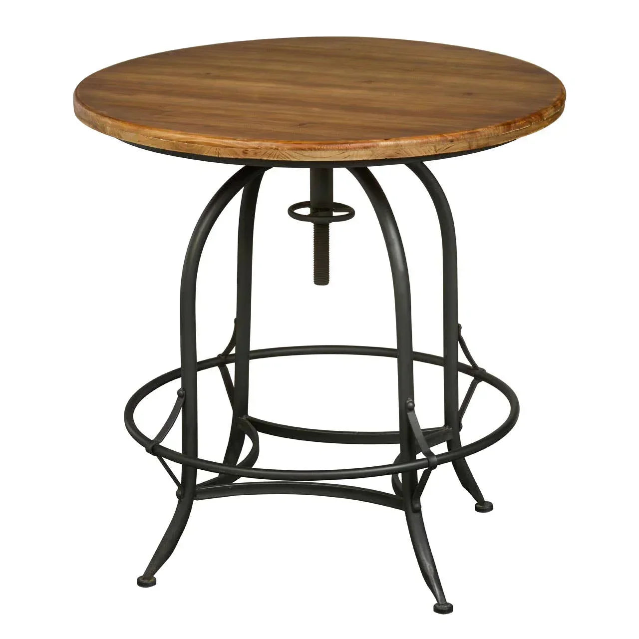 Round industrial side table with wood top and black metal frame, front angle view