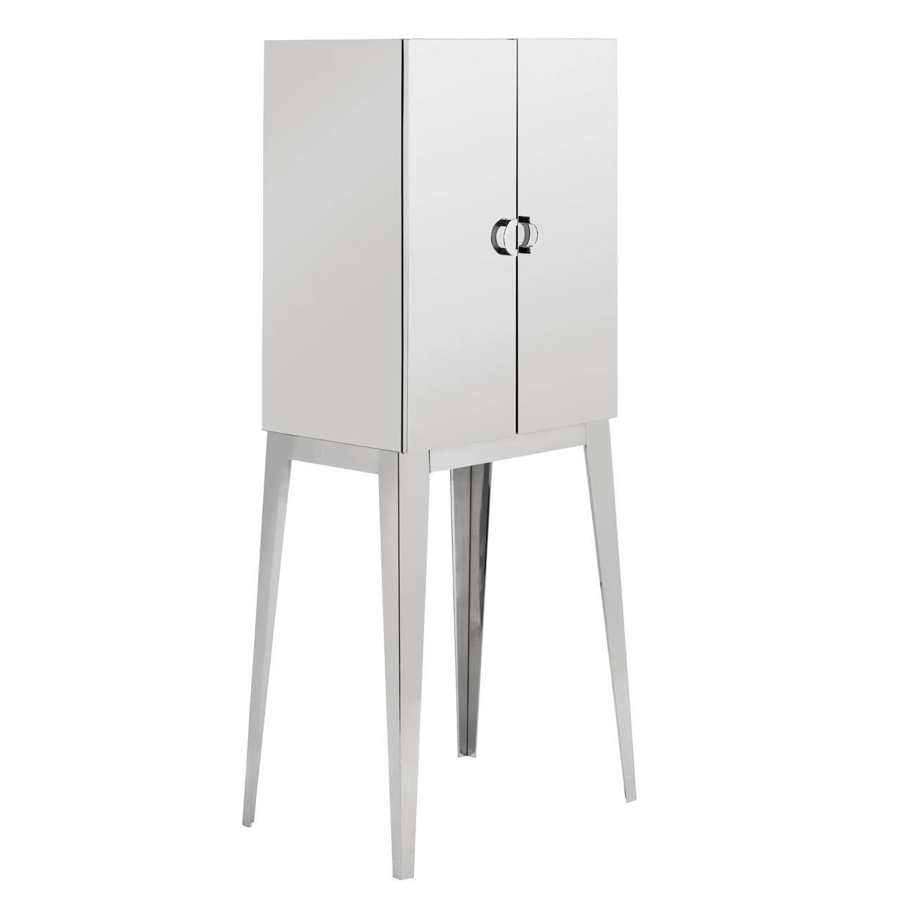 Lure Stainless Steel 2 Door Cabinet featuring a sleek, modern design with a polished stainless steel finish, two front doors with a circular handle, and four slender legs for support