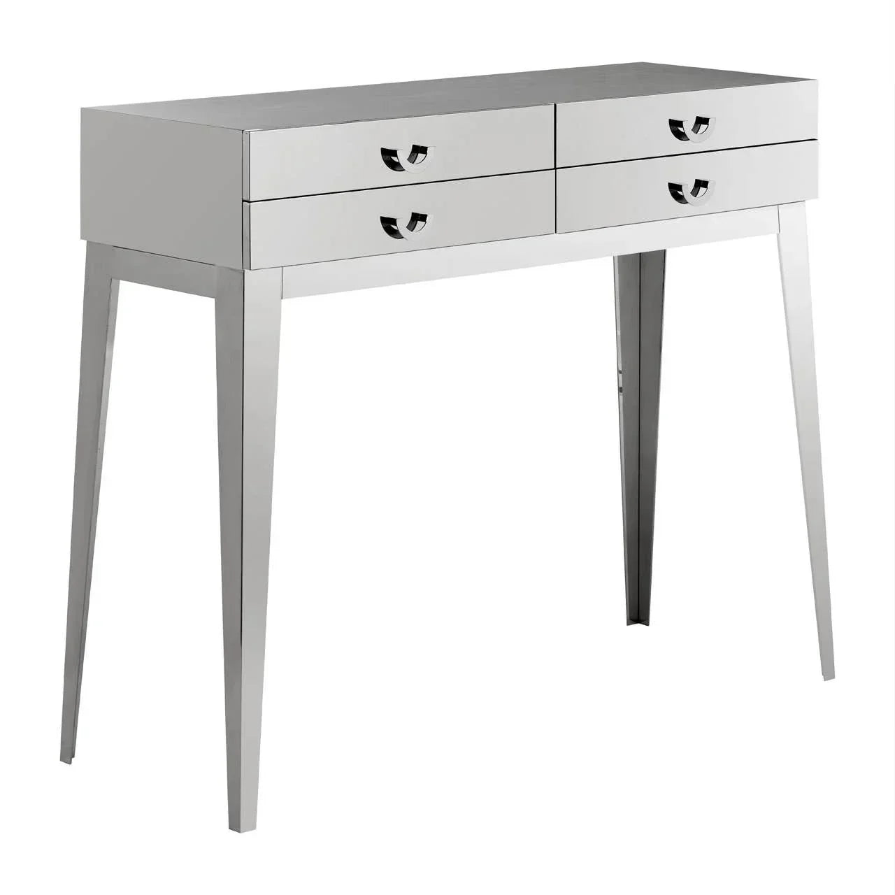 Mirrored console table with four drawers and sleek metal legs