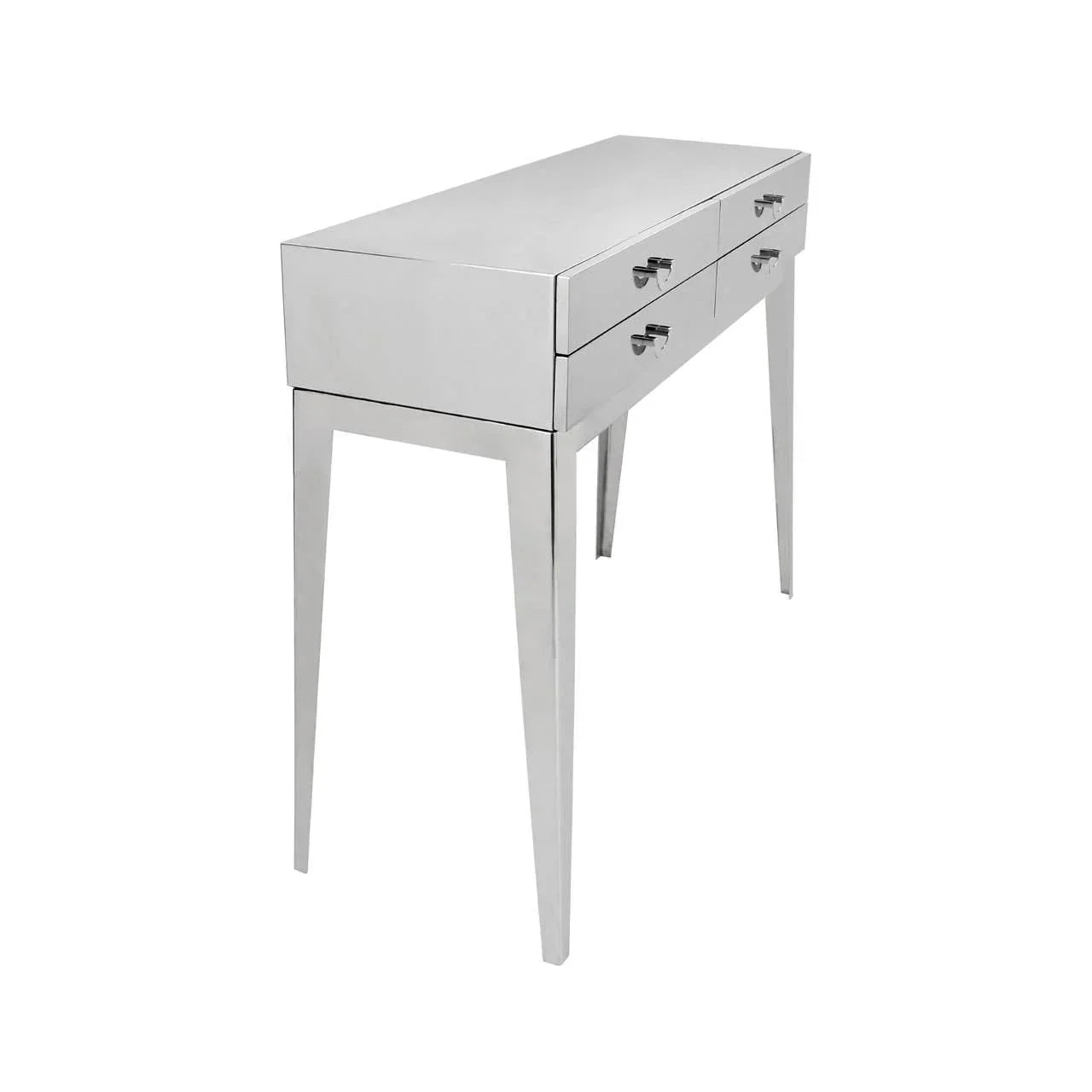 Mirrored console table with four drawers and sleek metal handles, angled side view