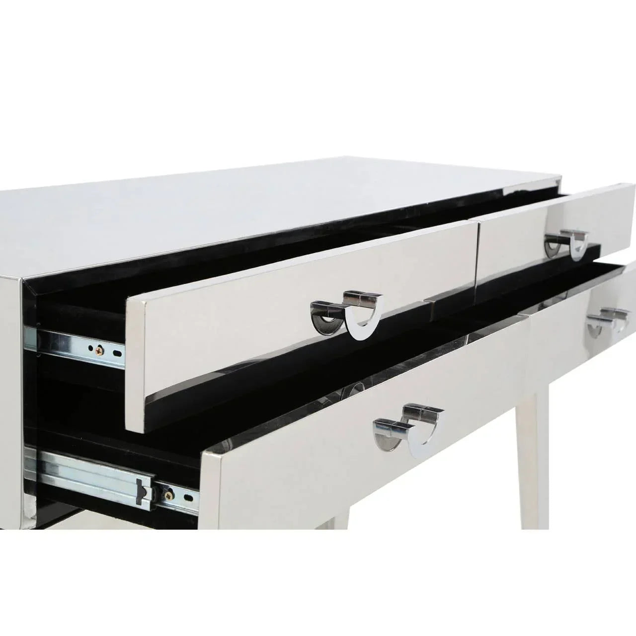 Mirrored dressing table with chrome handles and open drawers, modern bedroom furniture
