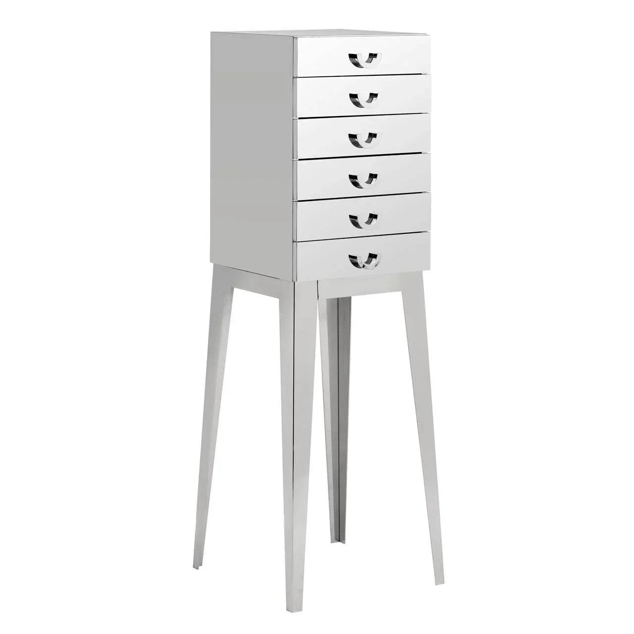 Tall mirrored chest of drawers with six handles and slim legs for bedroom storage