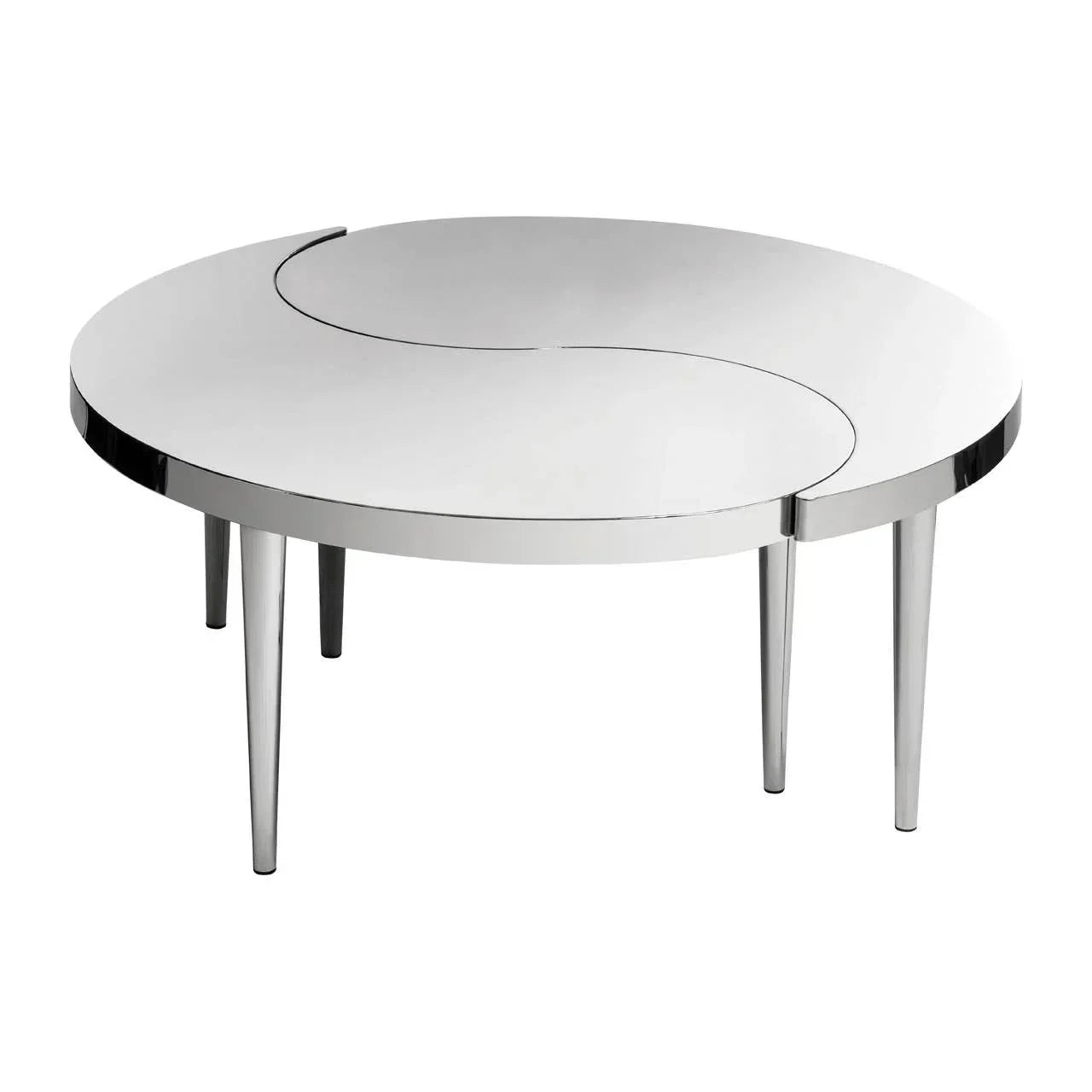 Round chrome coffee table with modern yin yang design and tapered metal legs