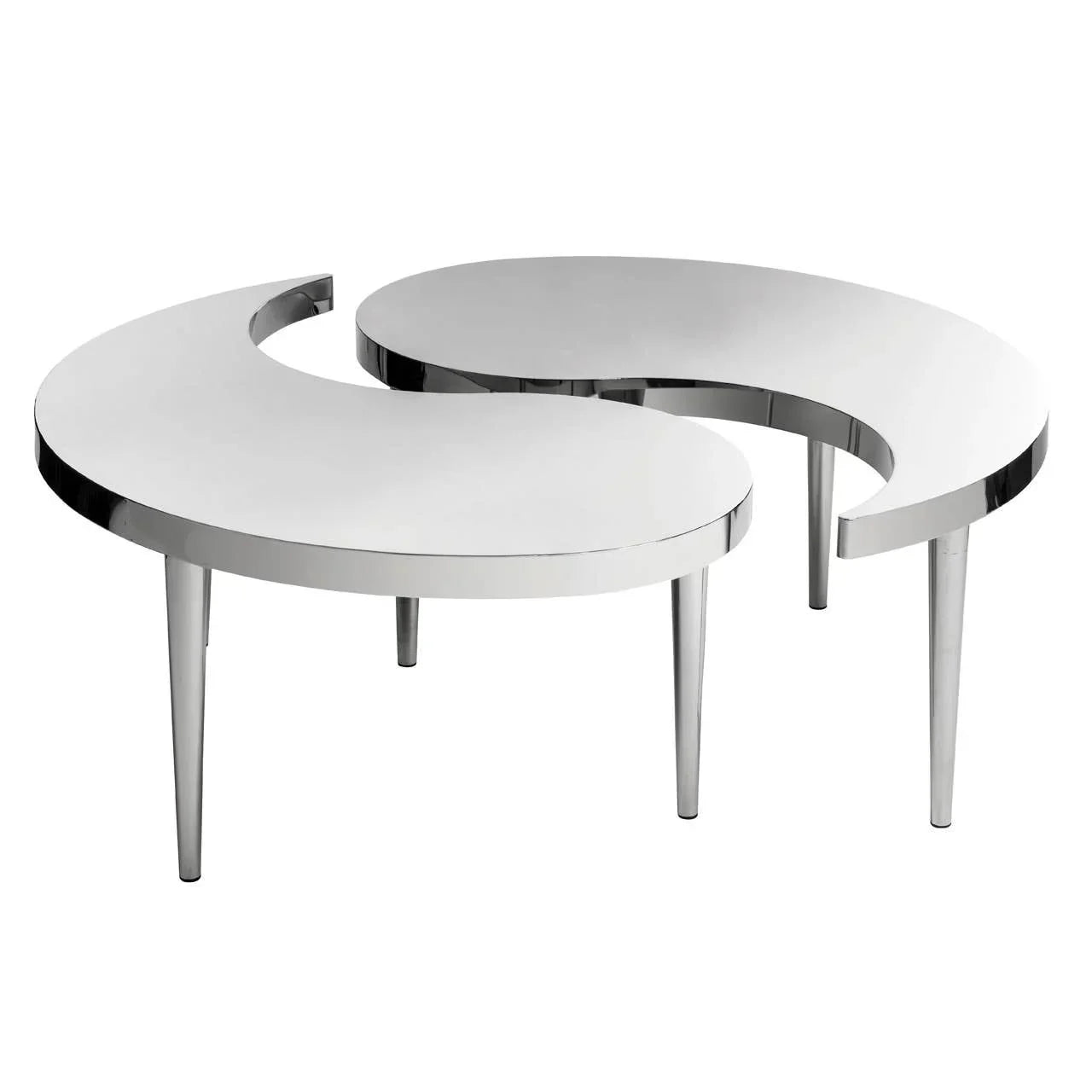 Pair of modern stainless steel coffee tables with curved crescent shapes and slim legs