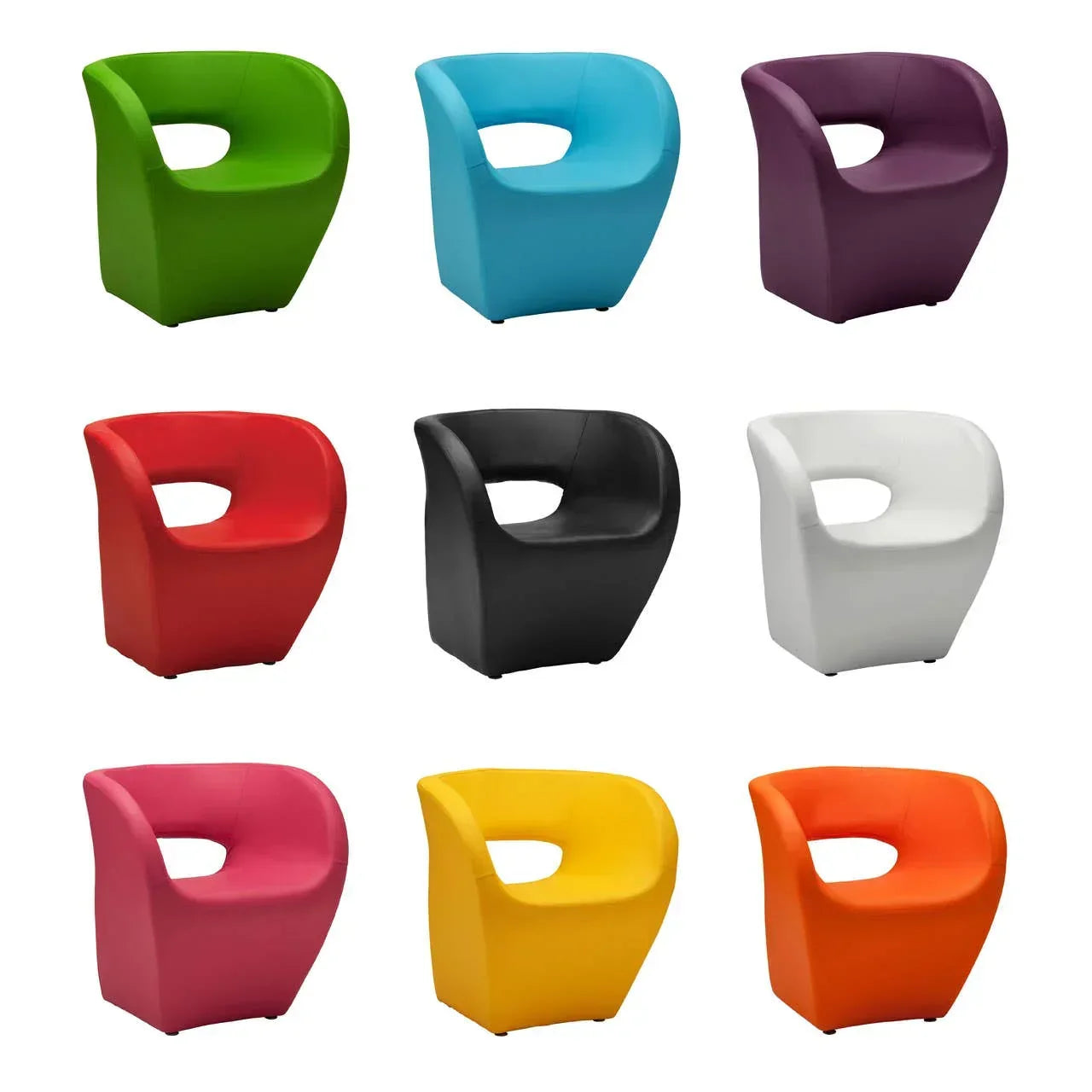 Modern accent chairs in nine vibrant colours with rounded backs and open arm design