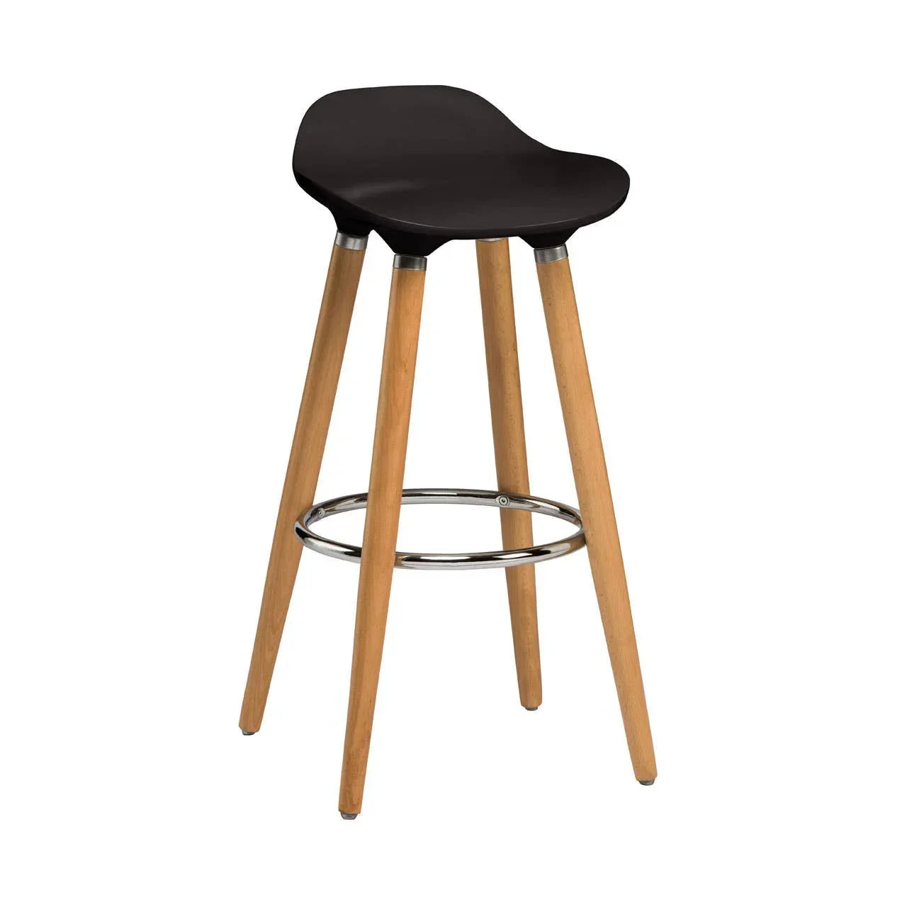 Black bar stool with wooden legs and chrome footrest on white background