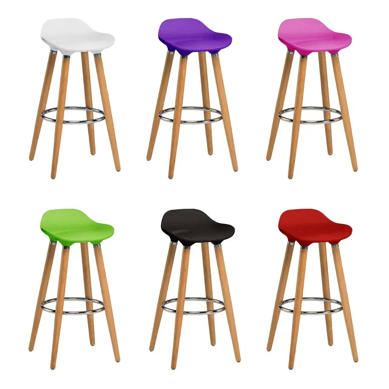 Set of six bar stools with wooden legs and colored seats in white, purple, pink, green, black, red