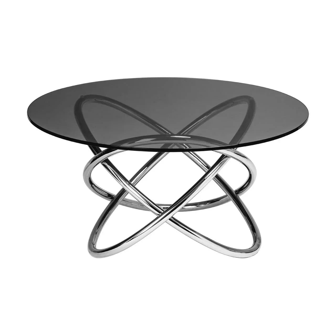 Round glass coffee table with chrome metal base and modern geometric design