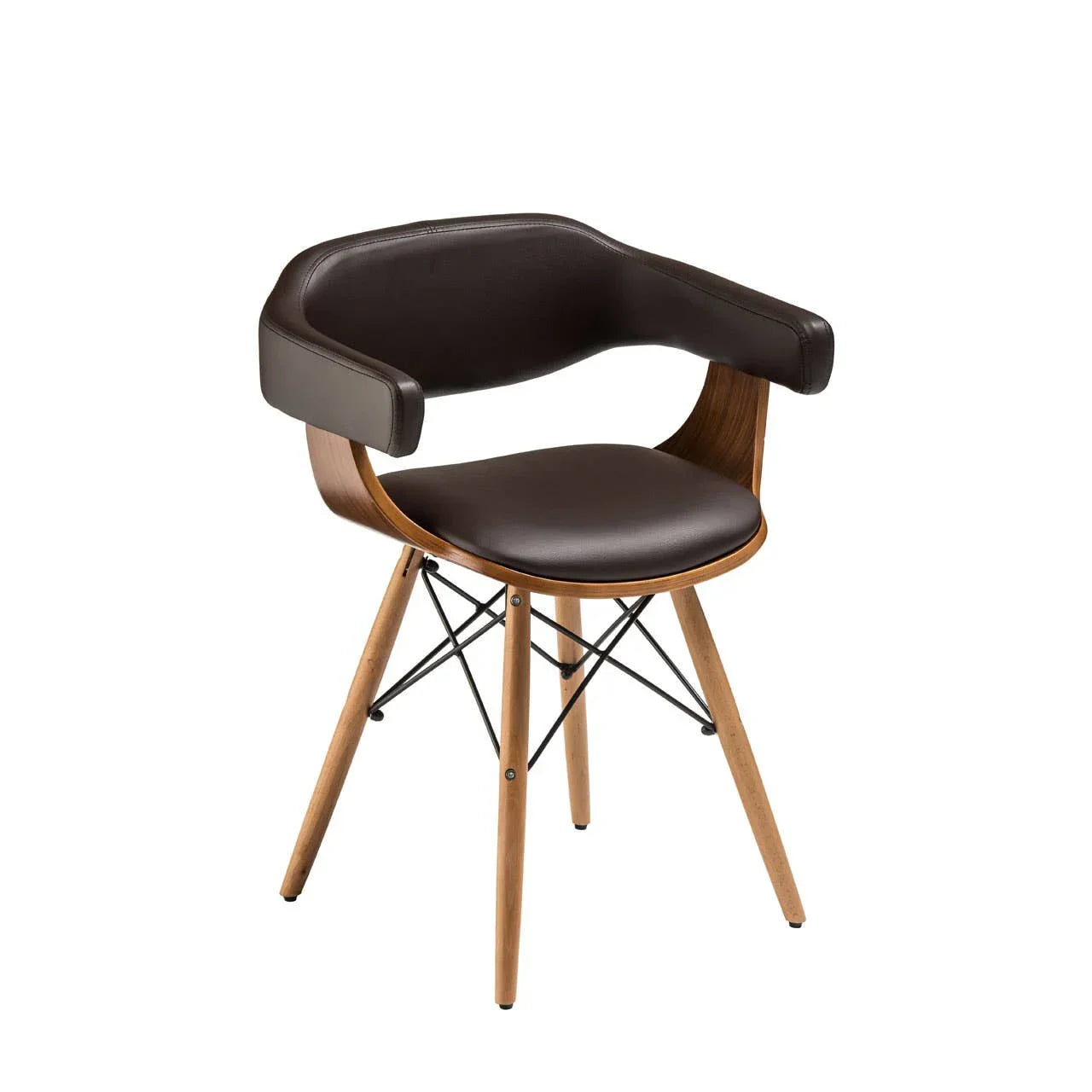 Modern dining chair with curved wood frame, black leather seat and angled wooden legs