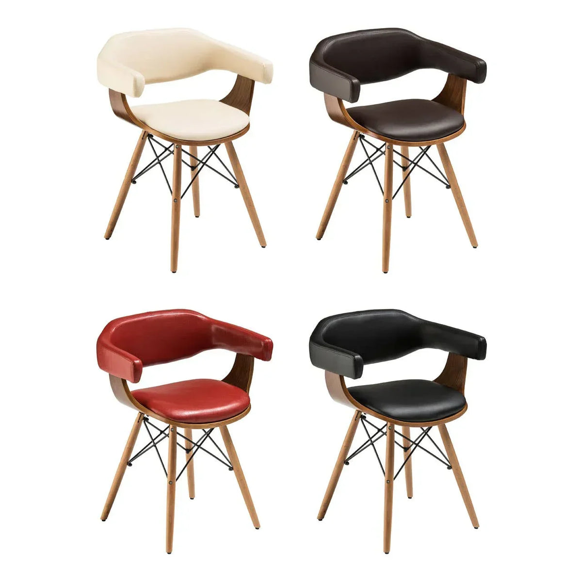 Set of four modern dining chairs with wood legs and curved armrests in cream, brown, red, black