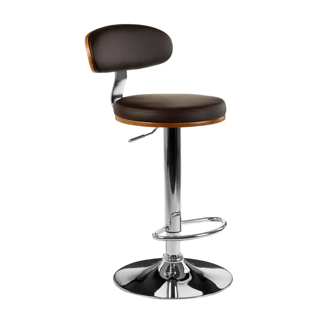 Brown leather bar stool with backrest, chrome base, footrest, and wood trim