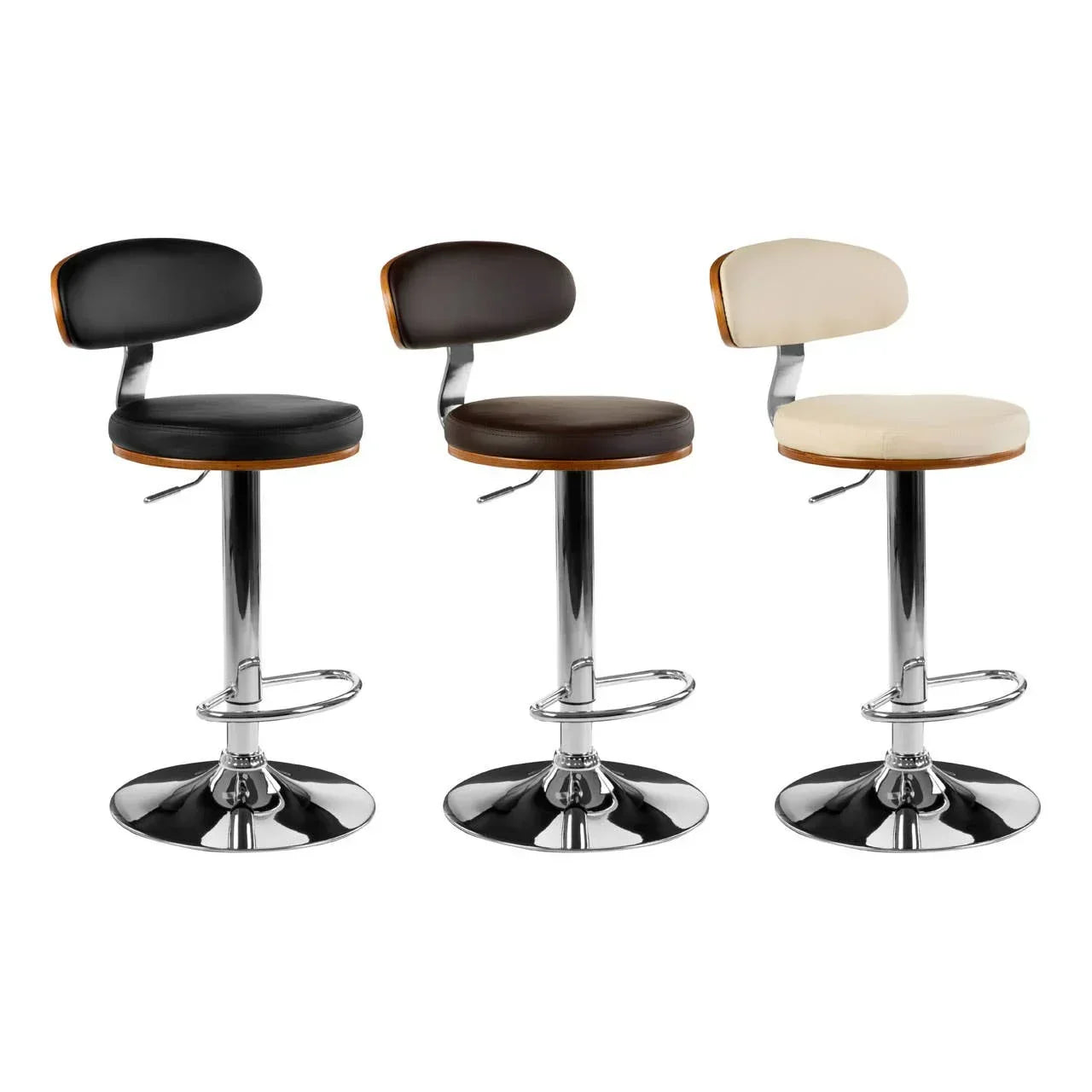 Set of three bar stools with chrome base, black, brown, and cream faux leather seats