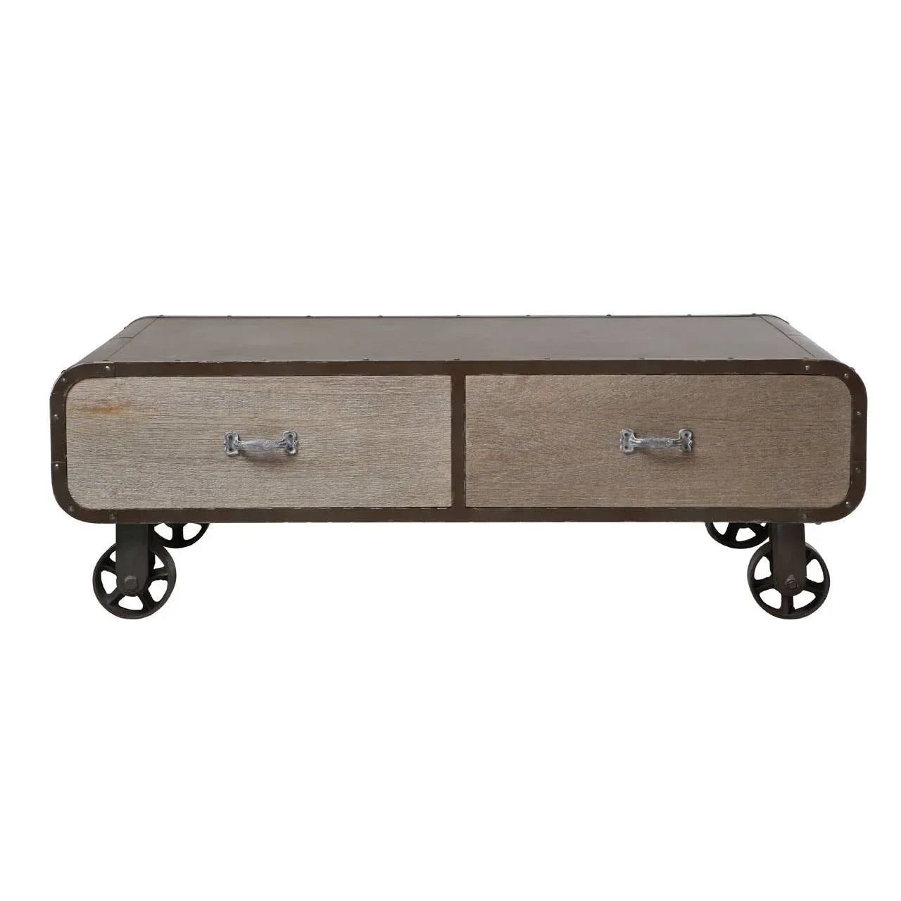 Industrial coffee table with metal frame, wood drawers, and wheels on white background