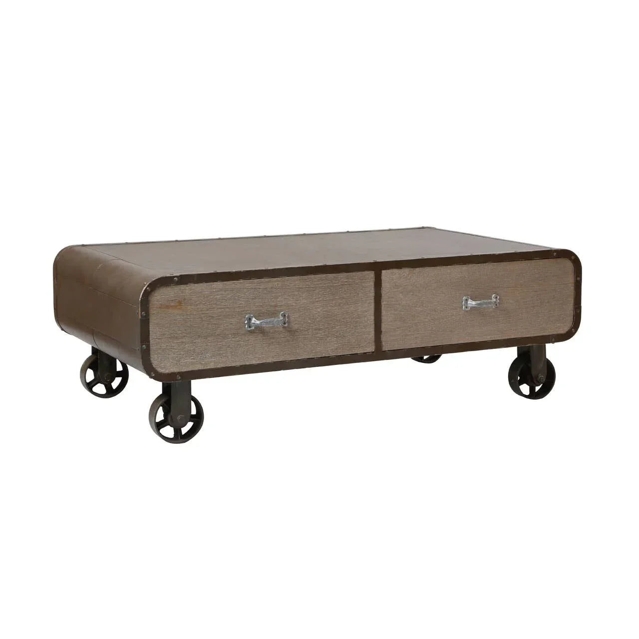 Industrial coffee table with metal frame, wood drawers, and black caster wheels